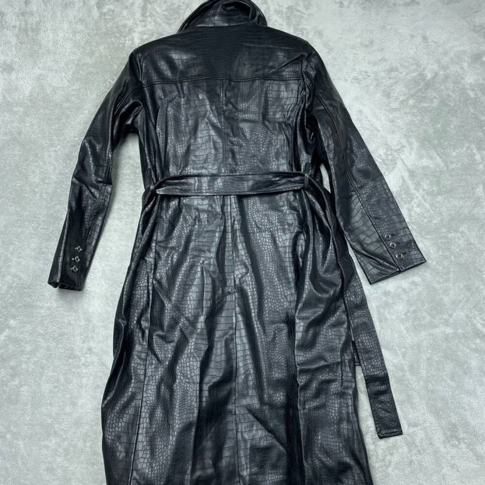 Vince Camuto Black Faux Leather Croc Trench Coat Double-Breasted Medium d0464 - Picture 5 of 10